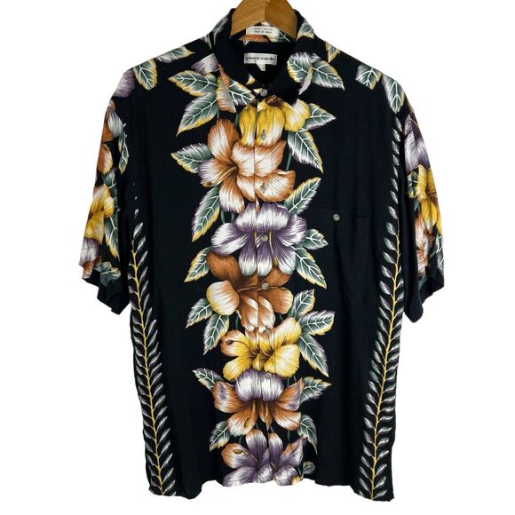 Pierre Cardin Hawaiian Camp Button Shirt Mens Sz Large Black Floral Beach Hawaii - Picture 2 of 6